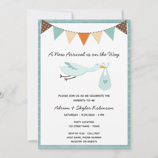 Boy Stork Baby shower Uitnodiging (Voorkant)