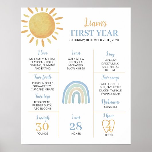 Boy Sunshine Rainbow Birthday Milestone Poster (Voorkant)