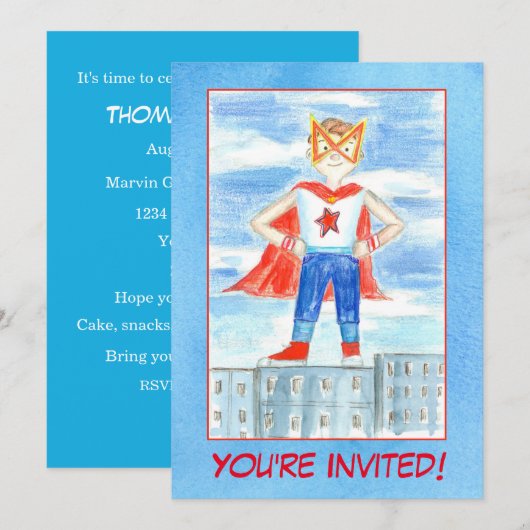 Boy Super Hero verjaardagsfeestje uitnodiging (Voorkant / Achterkant)
