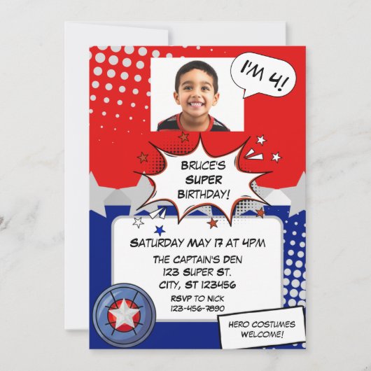 Boy Superhero, red, white, silver & blue birthday Kaart (Voorkant)