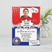 Boy Superhero, red, white, silver & blue birthday Kaart (Staand voorkant)