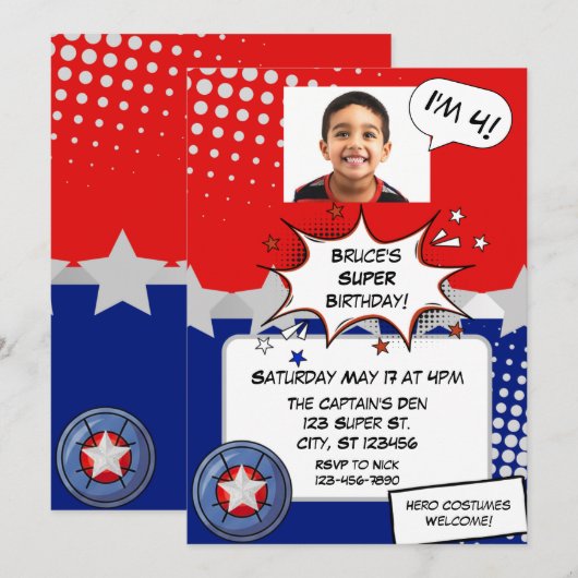 Boy Superhero, red, white, silver & blue birthday Kaart (Voorkant / Achterkant)
