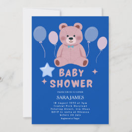 Boy Sweet Teddy Bear Blue Balloon Baby Shower Kaart