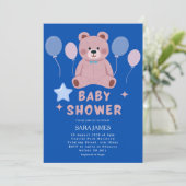 Boy Sweet Teddy Bear Blue Balloon Baby Shower Kaart (Staand voorkant)