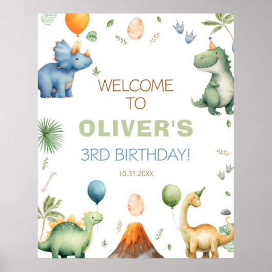 Boy T-rex Dinosaur Birthday Party Welcome Poster (Voorkant)