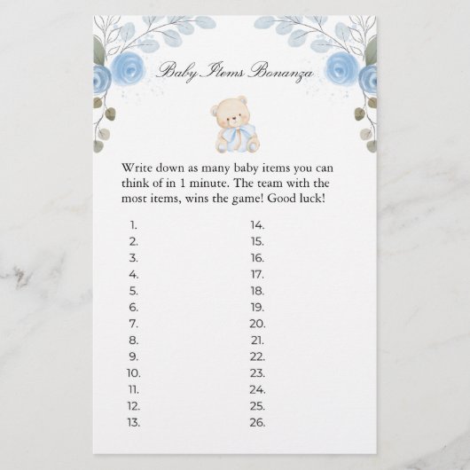 Boy Teddy Bear Baby Items Baby shower Game (Voorkant)