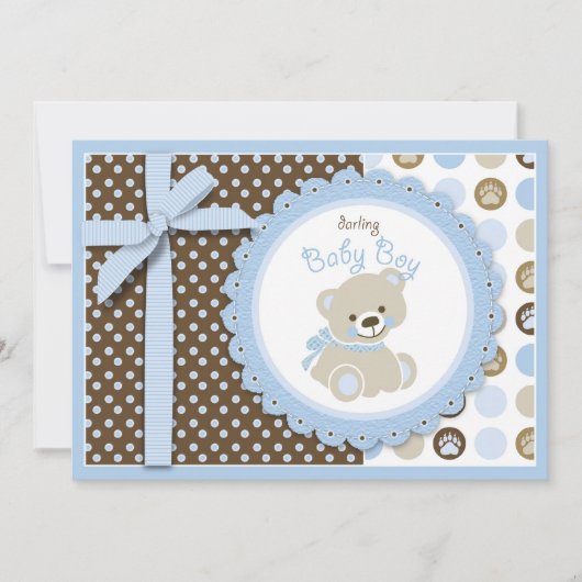 Boy Teddy Bear Baby shower Invitation Card Kaart (Voorkant)