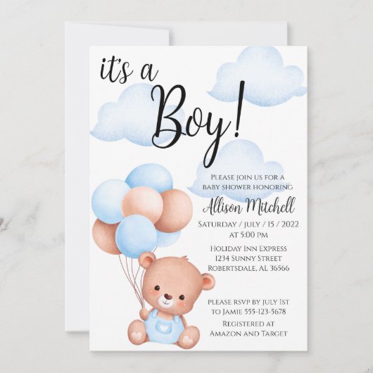 Boy Teddy Bear Baby shower Invitation Kaart (Voorkant)
