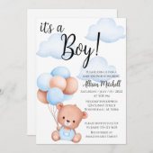 Boy Teddy Bear Baby shower Invitation Kaart (Voorkant / Achterkant)