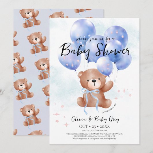 Boy Teddy Bear Baby Shower  Kaart (Voorkant / Achterkant)