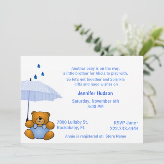 Boy Teddy Bear Baby Sprinkle Shower Uitnodiging (Staand voorkant)