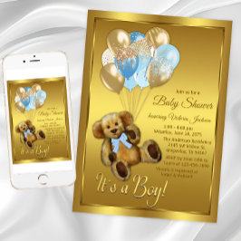 Boy Teddy Bear Balloon Baby shower Invitation Kaart