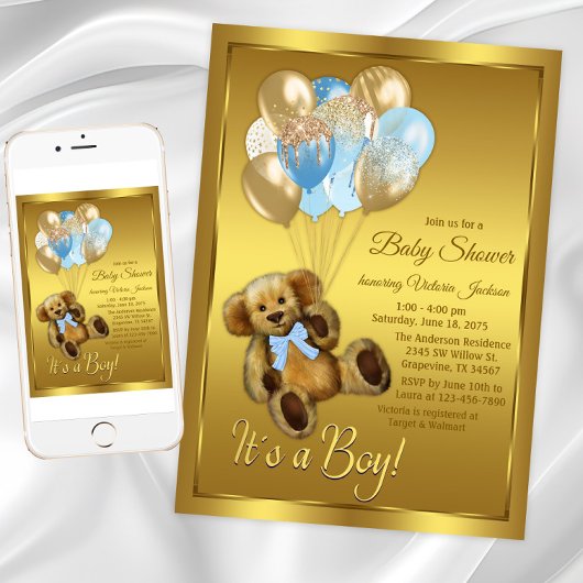 Boy Teddy Bear Balloon Baby shower Invitation Kaart