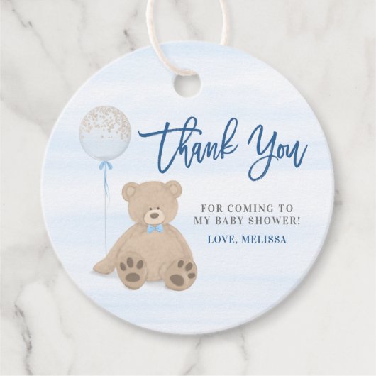Boy Teddy Bear Blue Balloon Baby shower Dank u Bedankjes Labels (Voorkant)
