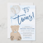 Boy Teddy Bear Blue Balloon Twins Baby shower Kaart (Voorkant)