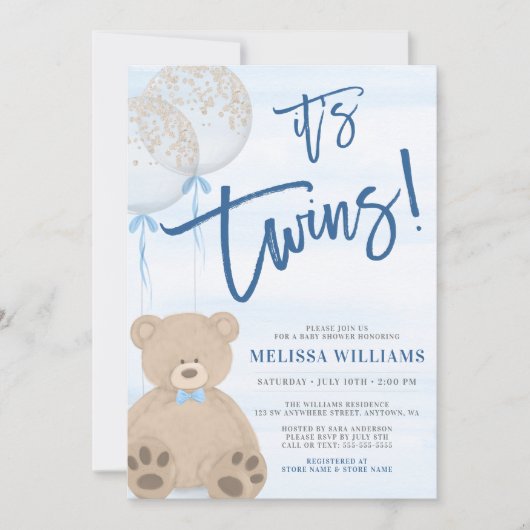 Boy Teddy Bear Blue Balloon Twins Baby shower Kaart (Voorkant)