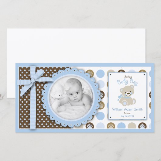 Boy Teddy Bear Fotokaart Aankondiging (Voorkant / Achterkant)