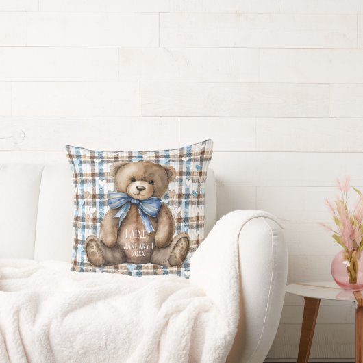 Boy Teddy Bear On Blue Brown Plaid  Kussen (Bank)