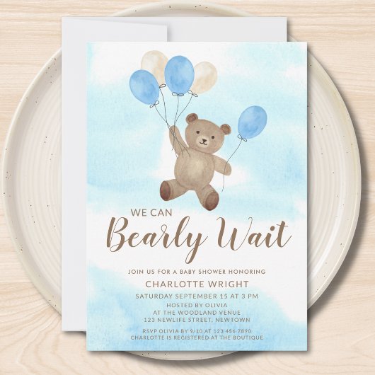 Boy Teddy Bear We Can Bearly Wait Baby Shower Kaart
