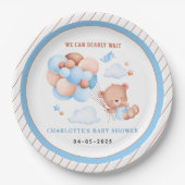 Boy Teddy Bear “We Can Bearly Wait” Baby Shower Papieren Bordje (Voorkant)