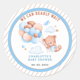 Boy Teddy Bear “We Can Bearly Wait” Baby Shower Ronde Sticker
