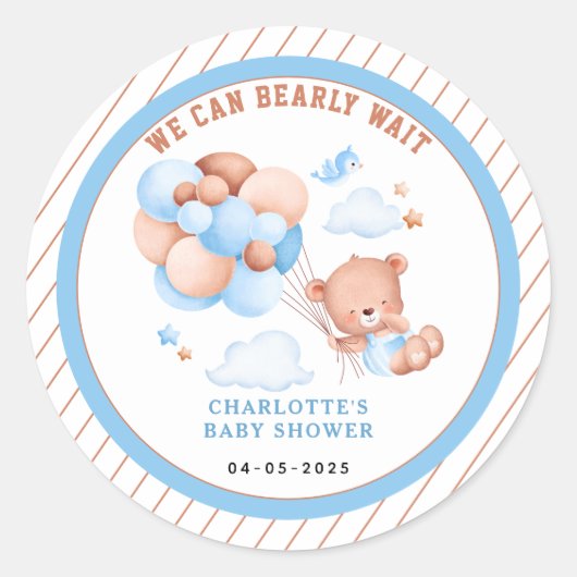 Boy Teddy Bear “We Can Bearly Wait” Baby Shower Ronde Sticker (Voorkant)