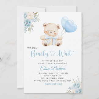 Boy Teddy Bear We Can Bearly Wait blue Baby Shower Kaart
