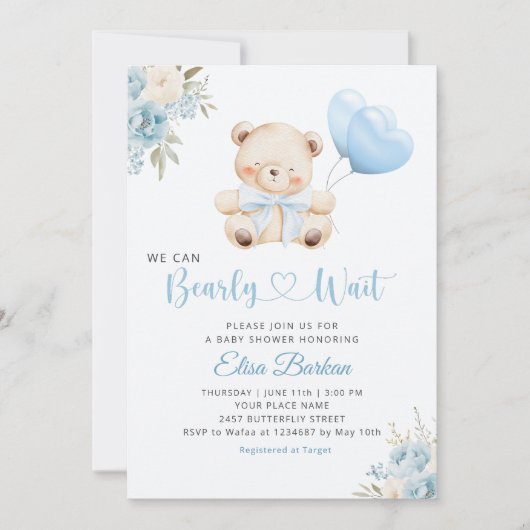 Boy Teddy Bear We Can Bearly Wait blue Baby Shower Kaart (Voorkant)