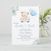 Boy Teddy Bear We Can Bearly Wait blue Baby Shower Kaart (Staand voorkant)