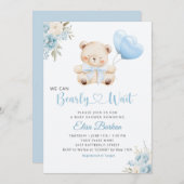 Boy Teddy Bear We Can Bearly Wait blue Baby Shower Kaart (Voorkant / Achterkant)