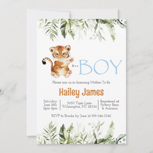 Boy Tiger Baby shower Invitation Kaart (Voorkant)