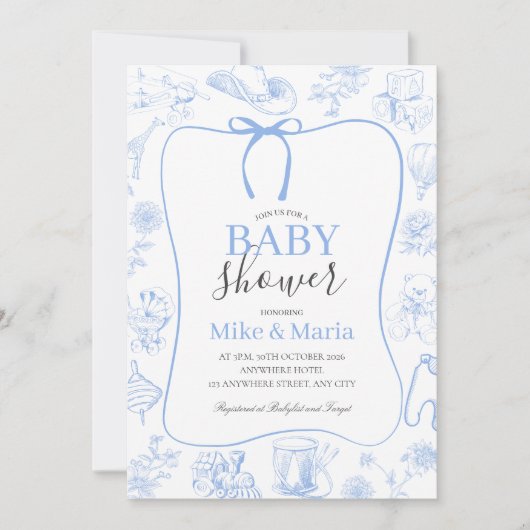 Boy Toile De Jouy Blue Baby Shower Invitation Kaart (Voorkant)