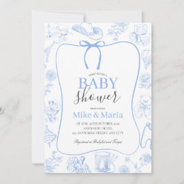 Boy Toile De Jouy Blue Baby Shower Invitation Kaart