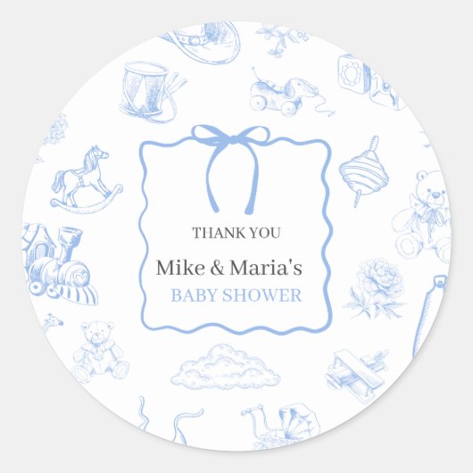 Boy Toile De Jouy Blue Baby Shower Ronde Sticker (Voorkant)