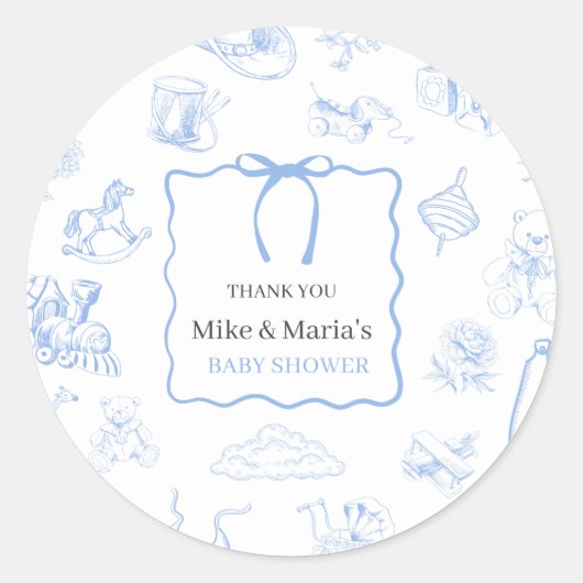 Boy Toile De Jouy Blue Baby Shower Ronde Sticker (Voorkant)