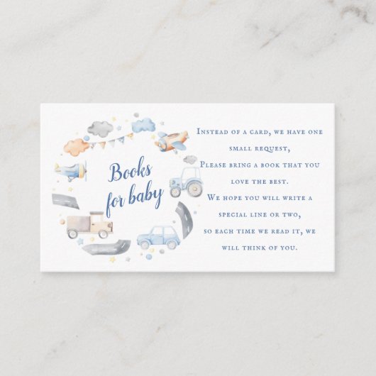 Boy Transportation Cars Baby shower Boekaanvraag Informatiekaartje (Voorkant)