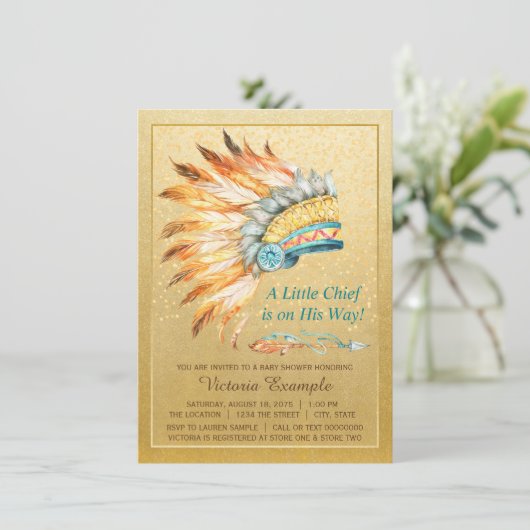 Boy Tribal Headdress Little Chief Boho Baby shower Kaart (Staand voorkant)