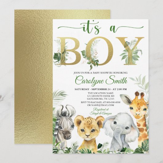 Boy Tropical Oerwoud Animals Baby shower Invitatio Kaart (Voorkant / Achterkant)