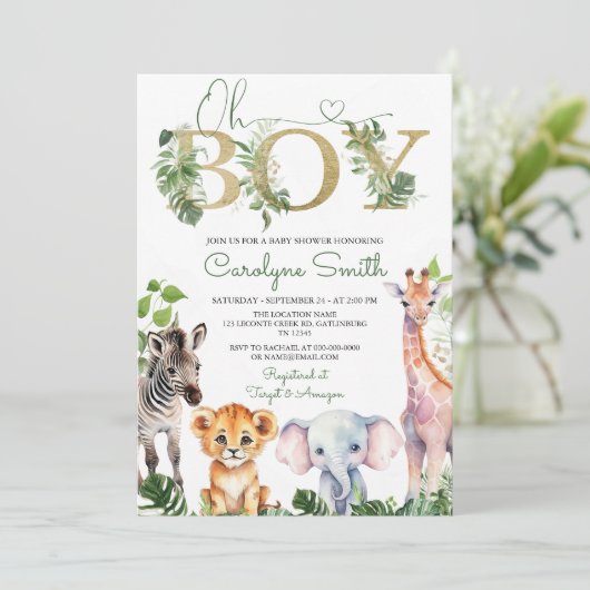 Boy Tropical Oerwoud Safari Dieren Baby shower Kaart (Staand voorkant)