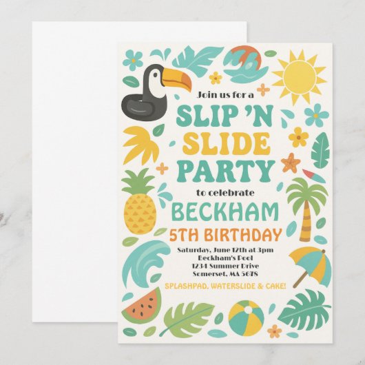 Boy Tropical Slip 'N' Slide Verjaardagsfeestje Kaart (Voorkant / Achterkant)