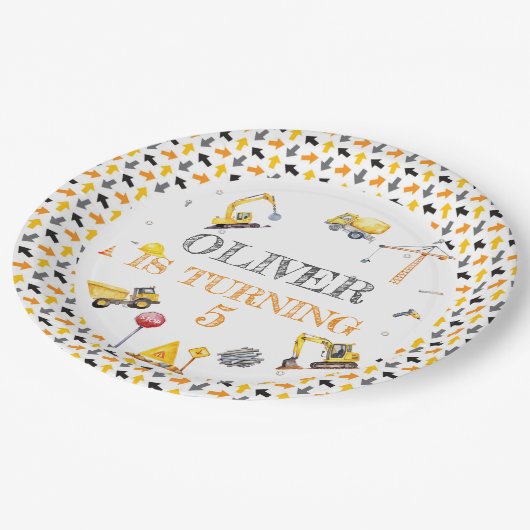 Boy Truck Construction Party Verjaardag Geel Grijs Papieren Bordje (Gekanteld)