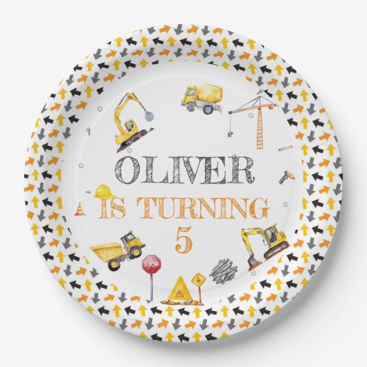 Boy Truck Construction Party Verjaardag Geel Grijs Papieren Bordje (Voorkant)