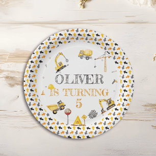 Boy Truck Construction Party Verjaardag Geel Grijs Papieren Bordje