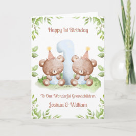 Boy Twins 1st Birthday Greenery Teddy Bear Card Kaart