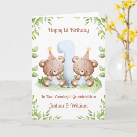 Boy Twins 1st Birthday Greenery Teddy Bear Card Kaart (Gele Bloem)
