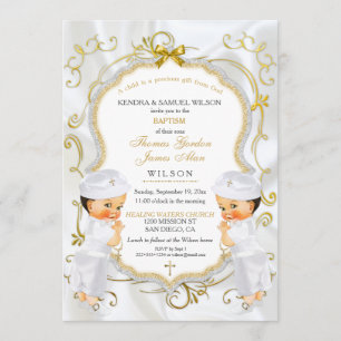 Boy Twins Baptism Christening Gold White Cross Inv Kaart