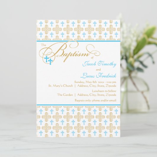 Boy Twins Cross Pattern Baptism Invitation Kaart (Staand voorkant)