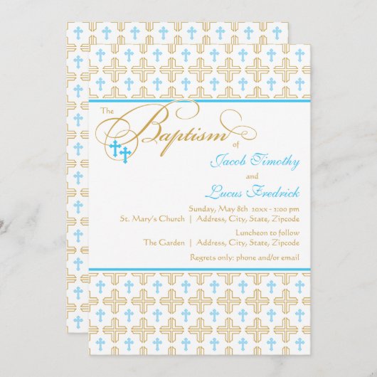 Boy Twins Cross Pattern Baptism Invitation Kaart (Voorkant / Achterkant)