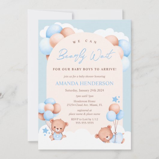 Boy Twins Teddy Bear Baby shower Invitation Kaart (Voorkant)