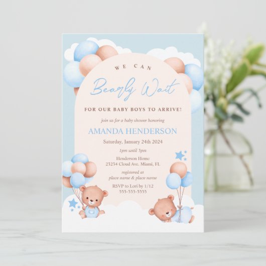 Boy Twins Teddy Bear Baby shower Invitation Kaart (Staand voorkant)